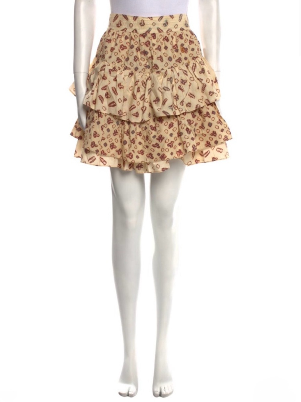 Ulla Johnson Beige Tiered Mini Skirt with Red Floral Motif